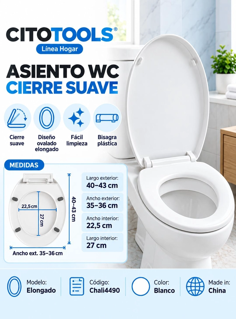 ASIENTO WC CIERRE SUAVE ELONGADO CITOTOOLS – BLANCO - 5