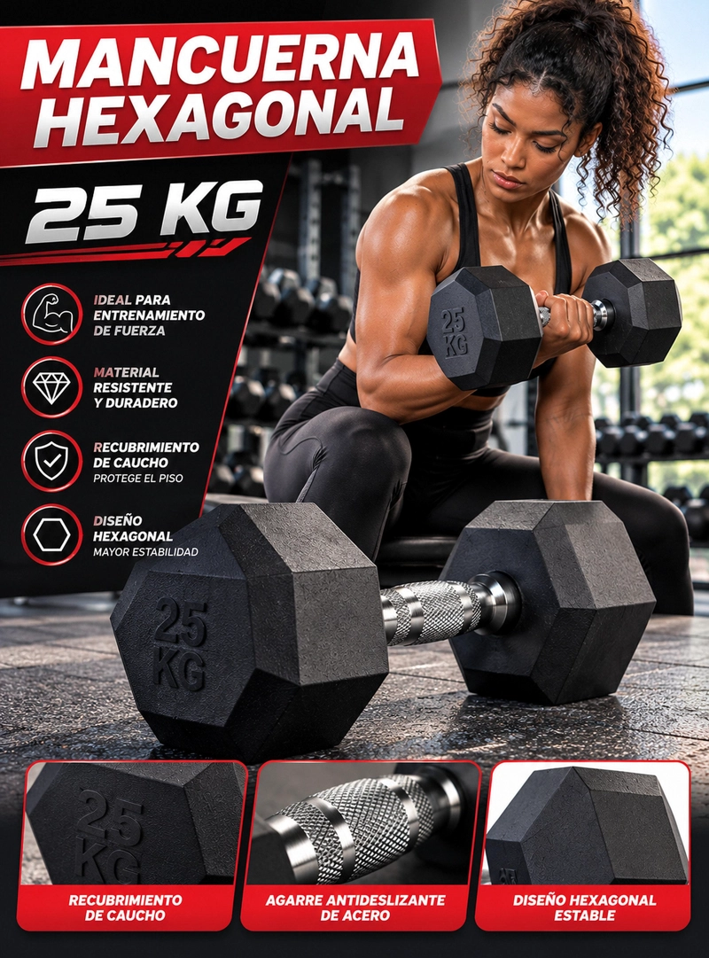 MANCUERNA HEXAGONAL 25 KG DE ACERO CON CAUCHO PARA GIMNASIO - 6