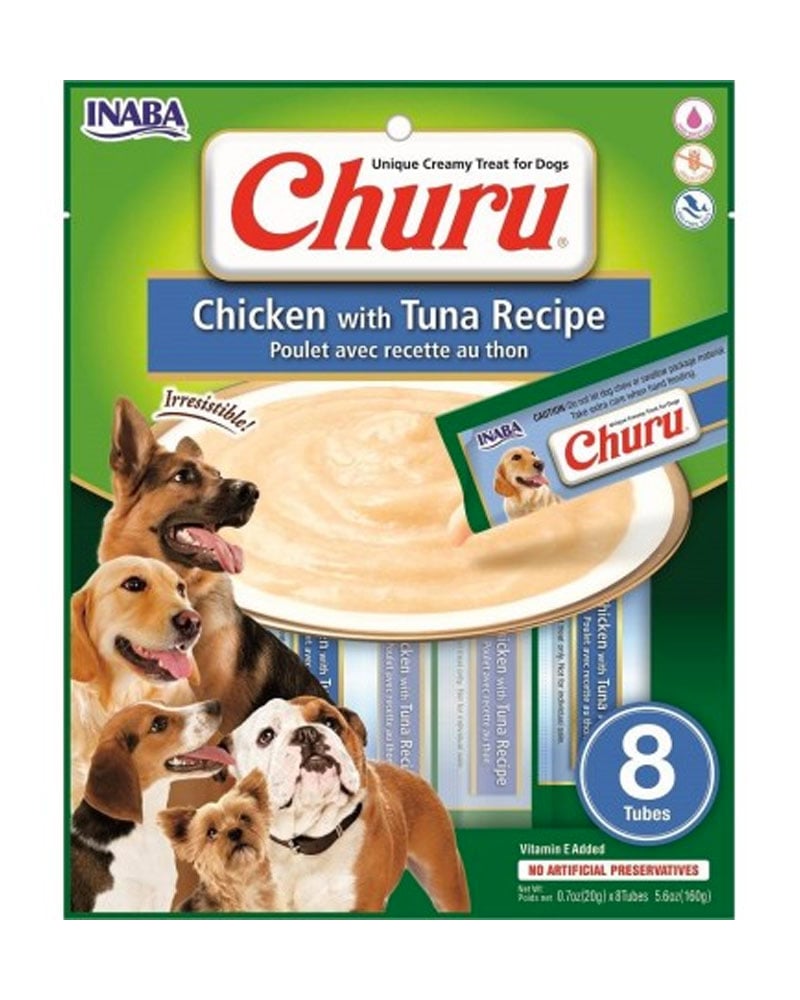 PACK 8 ALIMENTO SNACK PERROS ADULTO INABA SABOR POLLO ATÚN TUBO CIAO CHURU - 1