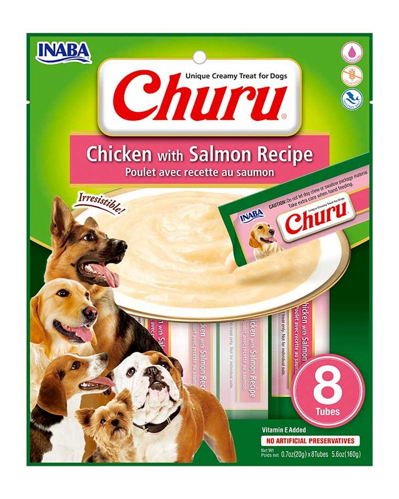PACK 8 ALIMENTO SNACK PERROS ADULTO INABA SABOR POLLO SALMÓN BOLSA CHURU - 1