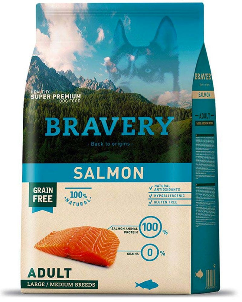 ALIMENTO SECO PERROS ADULTO BRAVERY RAZA MEDIANA GRANDE SABOR SALMÓN BOLSA 12 KG SUPER PREMIUM - 1