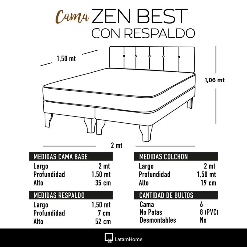 CAMA EUROPEA LATAM HOME ZEN BEST TELA VELVET BEIGE 2 PLAZAS + RESPALDO - 4
