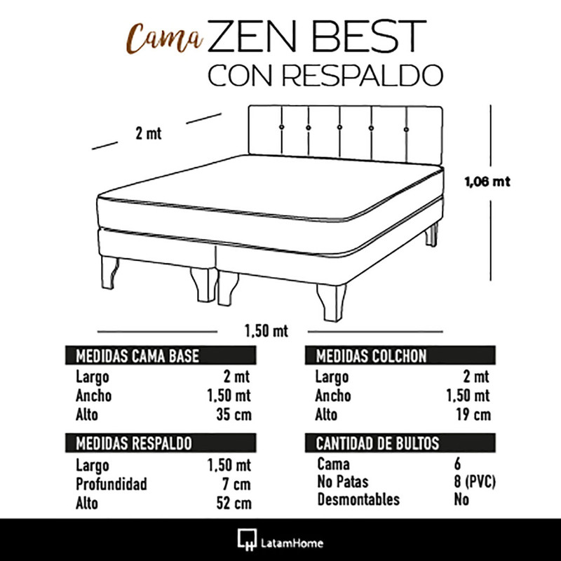 CAMA EUROPEA LATAM HOME ZEN BEST TELA VELVET BURDEO 2 PLAZAS + RESPALDO - 4