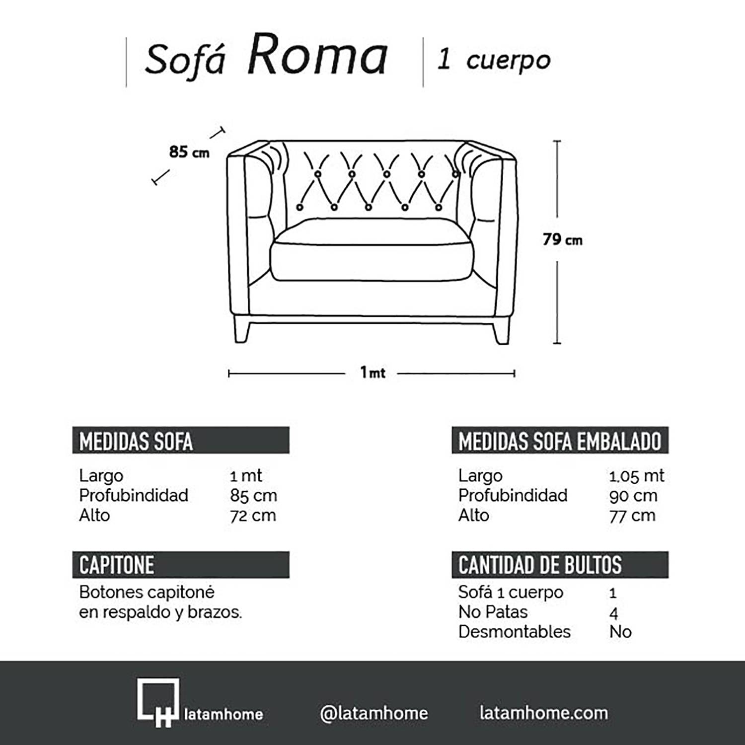 SOFA LATAM HOME ROMA 1 CUERPO GRIS TELA VELVET - 3