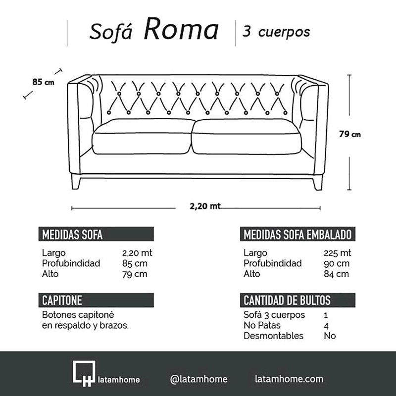 SOFA LATAM HOME ROMA 3 CUERPOS NEGRO VELVET - 4