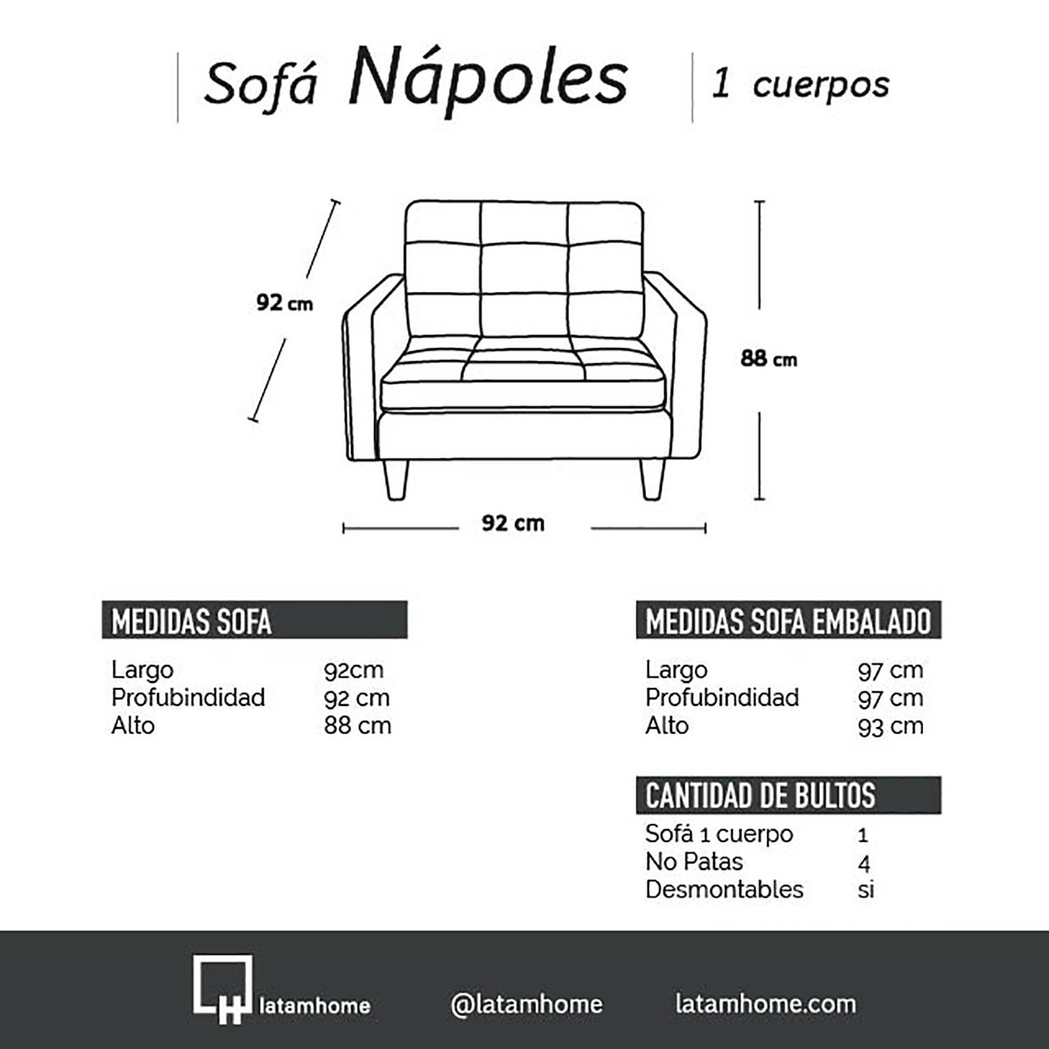 SOFA LATAM HOME NAPOLES 1 CUERPO AZUL PETROLEO VELVET - 3