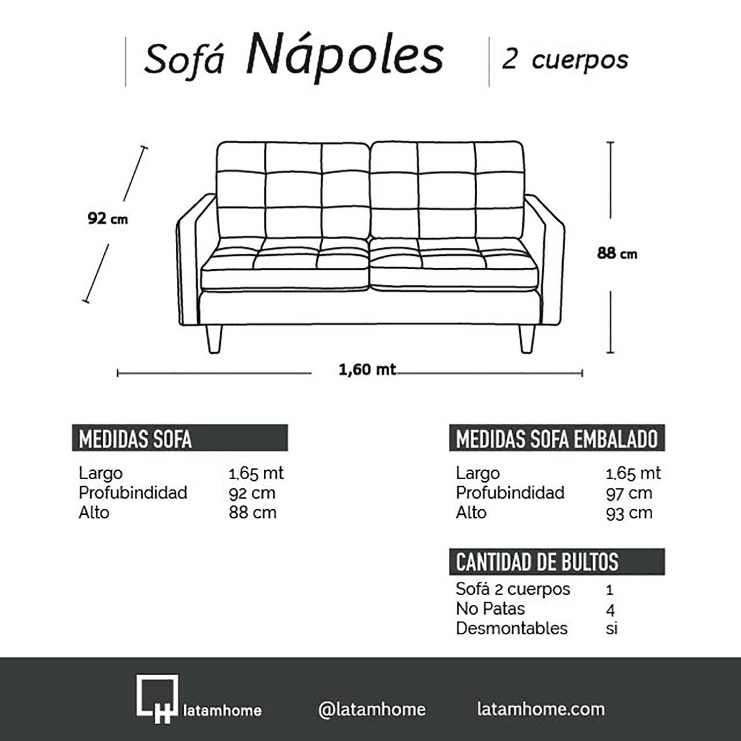 SOFA LATAM HOME NAPOLES 2 CUERPOS CUERO KENTUCKY GRIS NEGRO - 4