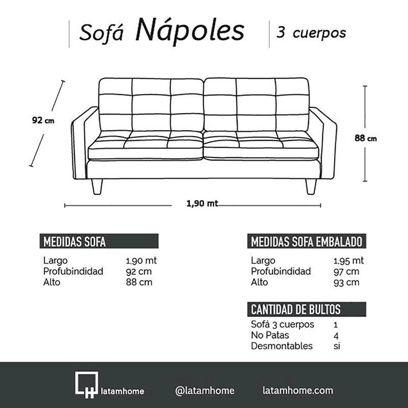 SOFA LATAM HOME NAPOLES 3 CUERPOS BEIGE VELVET - 4