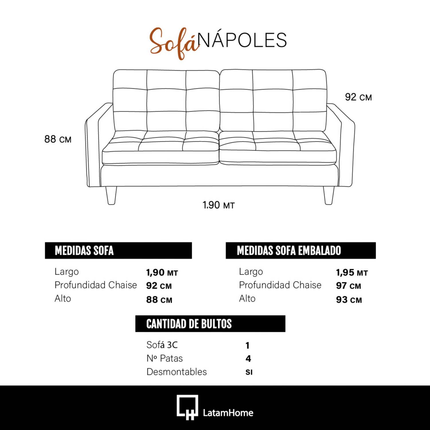 SOFA LATAM HOME NAPOLES 3 CUERPOS CUERO KENTUCKY CAFE MORO - 4