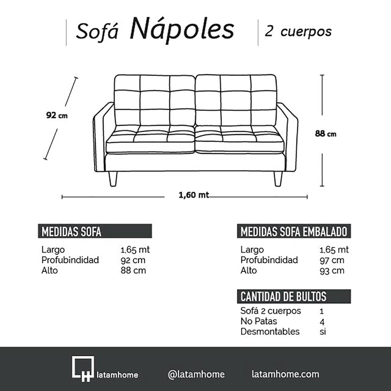SOFA LATAM HOME NAPOLES 2 CUERPOS NEGRO VELVET - 4
