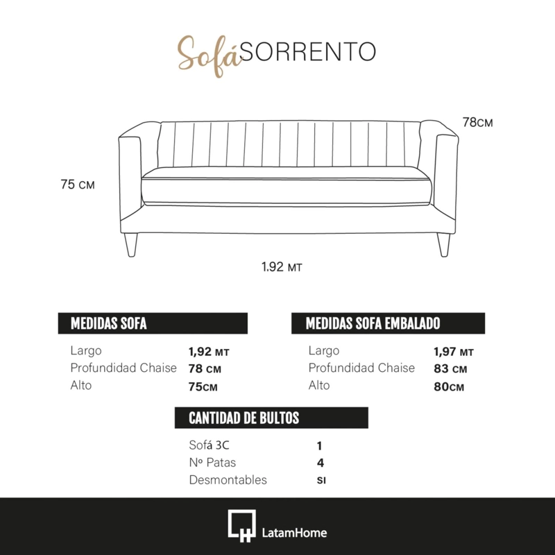 SOFA LATAM HOME SORRENTO 3 CUERPOS CUERO KENTUCKY CAFE MORO - 4