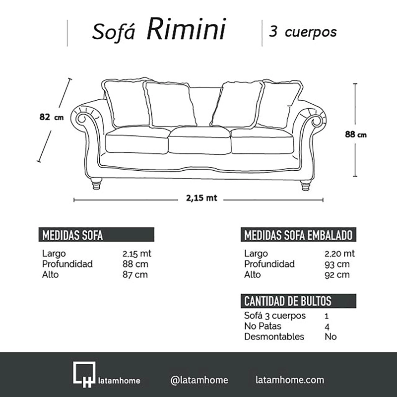 SOFA LATAM HOME RIMINI 3 CUERPOS NEGRO TELA VELVET - 5