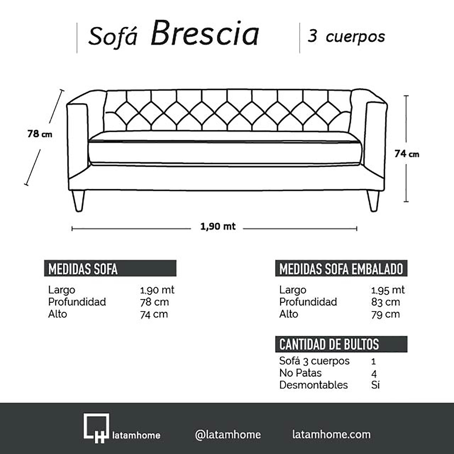 SOFA LATAM HOME BRESCIA 3 CUERPOS GRIS TELA VELVET VIVIAN - 4