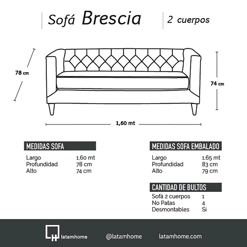 SOFA LATAM HOME BRESCIA 2 CUERPOS CAFÉ TELA VELVET VIVIAN - 3