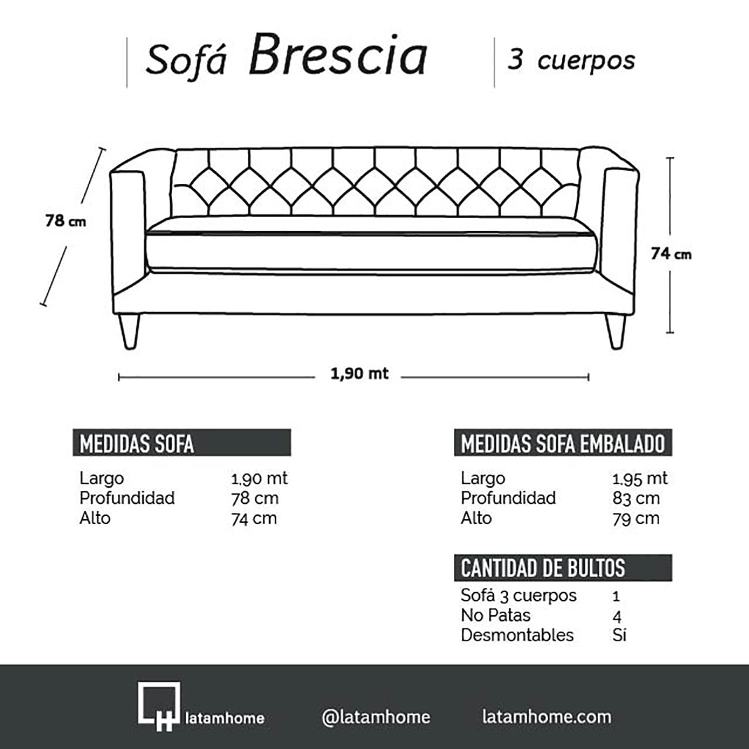 SOFA LATAM HOME BRESCIA 3 CUERPOS CUERO KENTUCKY ROJO - 4