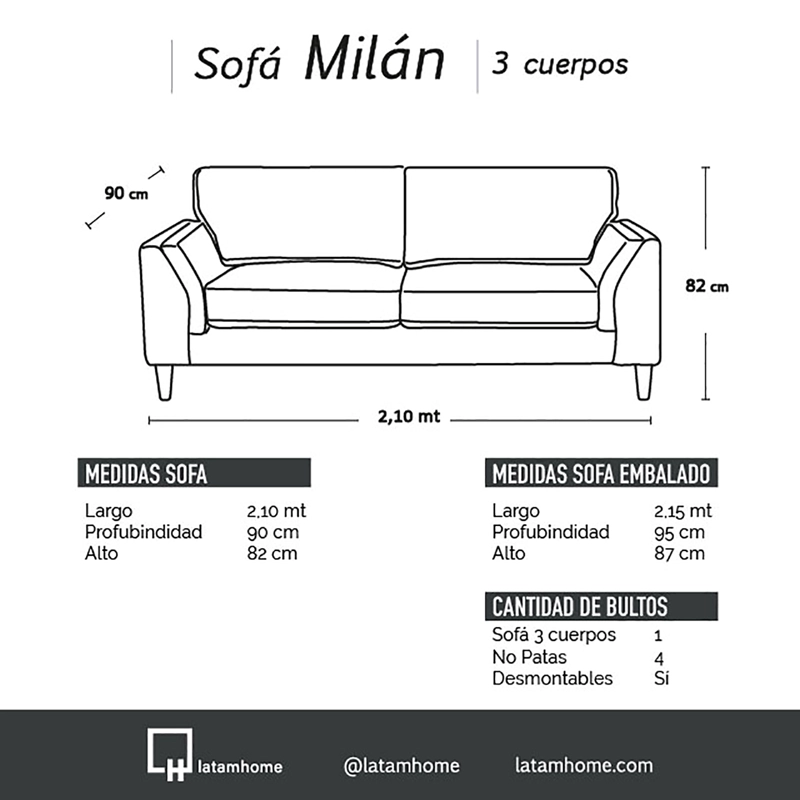 SOFA LATAM HOME MILAN 3 CUERPOS CUERO KENTUCKY NEGRO CON RESORTES POCKET - 6