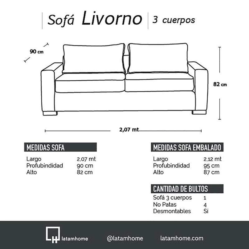 SOFA LATAM HOME LIVORNO 3 CUERPOS CUERO KENTUCKY NEGRO - 5