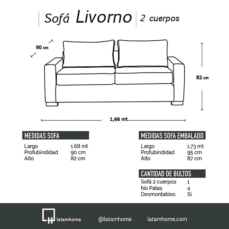 SOFA LATAM HOME LIVORNO 2 CUERPOS CUERO KENTUCKY NEGRO - 4