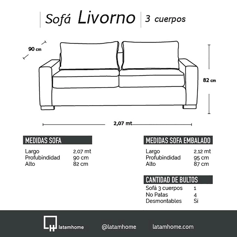 SOFA LATAM HOME LIVORNO 3 CUERPOS CUERO KENTUCKY GRIS - 5