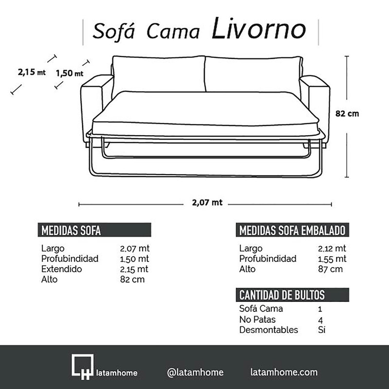 SOFA CAMA LATAM HOME LIVORNO 3 CUERPOS LINO GRIS OSCURO 2PL - 6