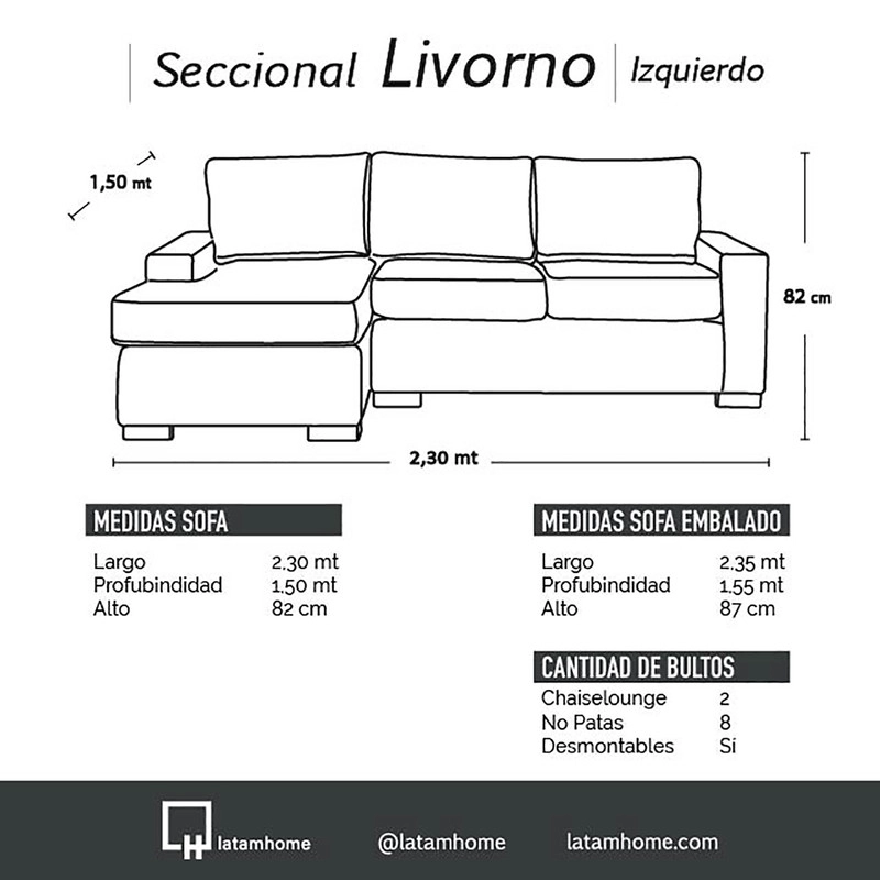 SECCIONAL LATAM HOME LIVORNO IZQUIERDO 3 CUERPOS LINO GRIS CLARO - 6