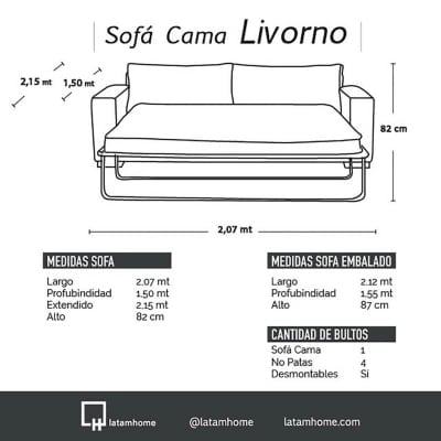 SOFA CAMA LATAM HOME LIVORNO 3 CUERPOS CUERO KENTUCKY CAFÉ MORO 2PL - 3
