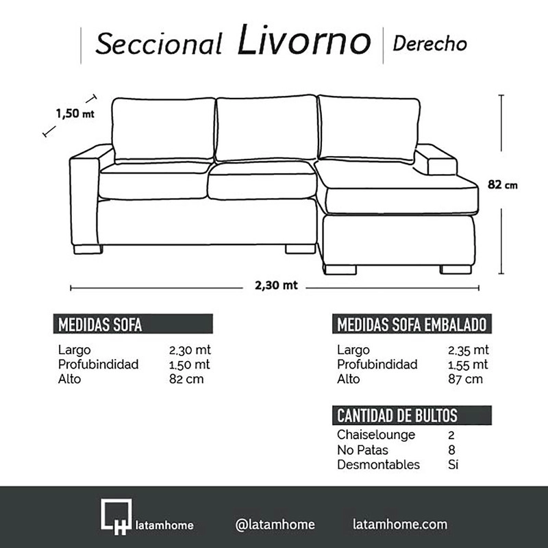 SECCIONAL LATAM HOME LIVORNO DERECHO 3 CUERPOS TURQUESA TELA VELVET - 6