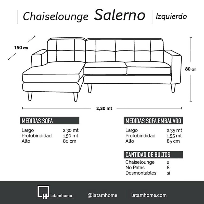 SOFA CHAISELONG LATAM HOME SALERNO IZQUIERDO 3 CUERPOS NEGRO VELVET - 3