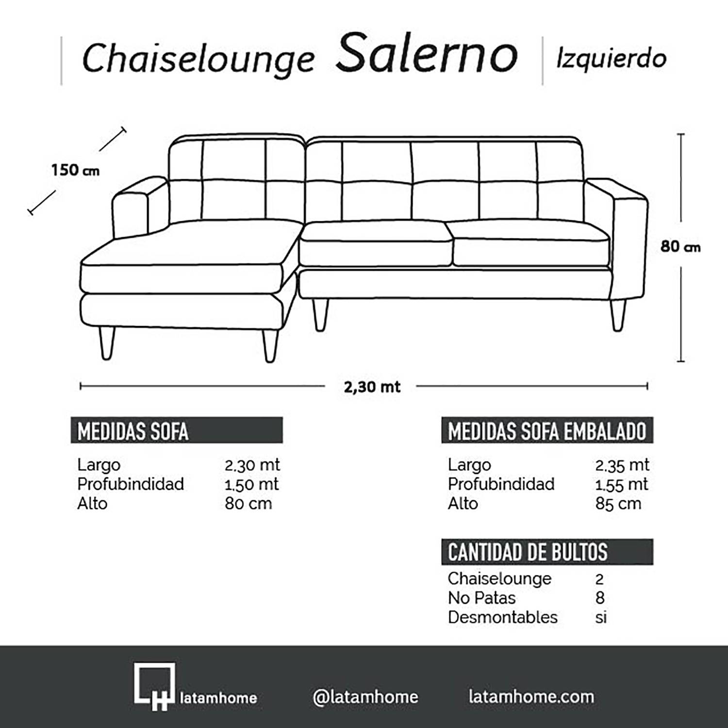SOFA CHAISELONG LATAM HOME SALERNO IZQUIERDO 3 CUERPOS NEGRO VELVET - 3