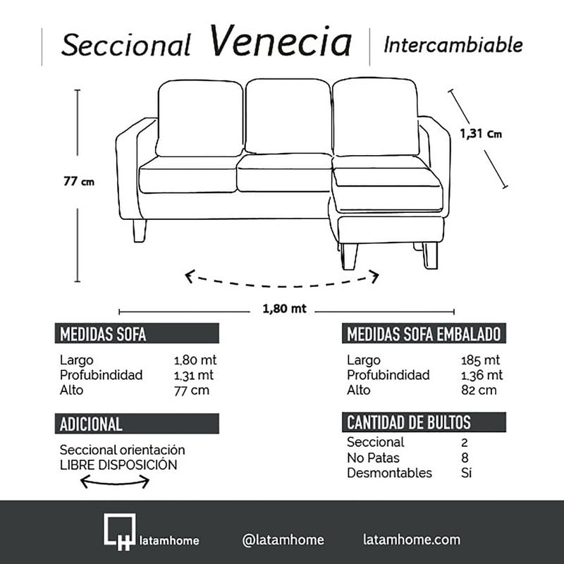 SECCIONAL LATAM HOME VENECIA LIBRE DISPOSICIÓN NEGRO TELA VELVET INTERCAMBIABLE - 2