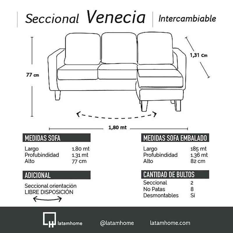 SECCIONAL LATAM HOME VENECIA LIBRE DISPOSICIÓN TURQUESA TELA VELVET INTERCAMBIABLE - 2