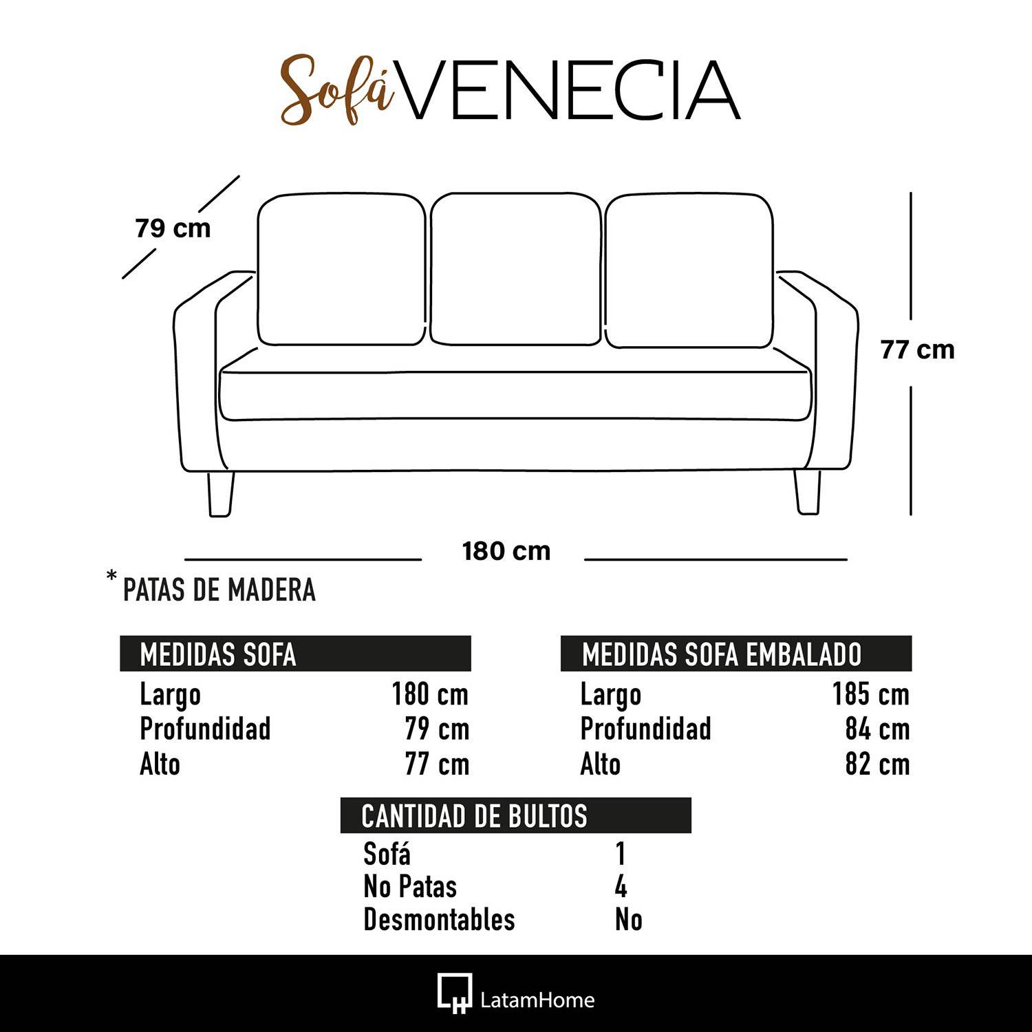SOFA LATAM HOME VENECIA 3 CUERPOS NEGRO TELA VELVET - 2