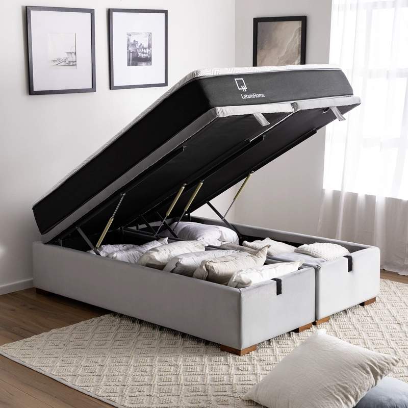 CAMA FUNCIONAL BOXET 2 PLAZAS BASE DIVIDIDA COLCHON RESORTES NEW TOP FUNDA LAVABLE GRIS - 1