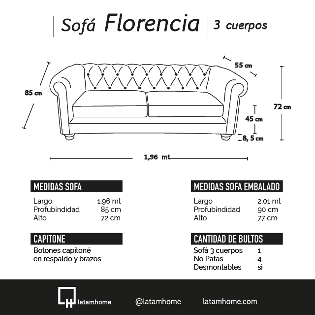 SOFÁ LATAM HOME FLORENCIA 3 CUERPOS NEGRO TELA VELVET - 3