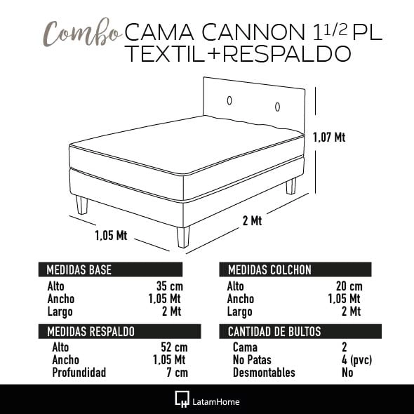 COMBO CAMA CANNON 1,5 PLAZA TEXTIL + RESPALDO TELA NEGRO - 4