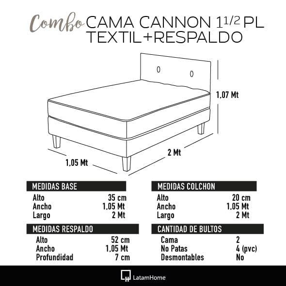COMBO CAMA CANNON 1,5 PLAZA TEXTIL + RESPALDO TELA GRIS - 4