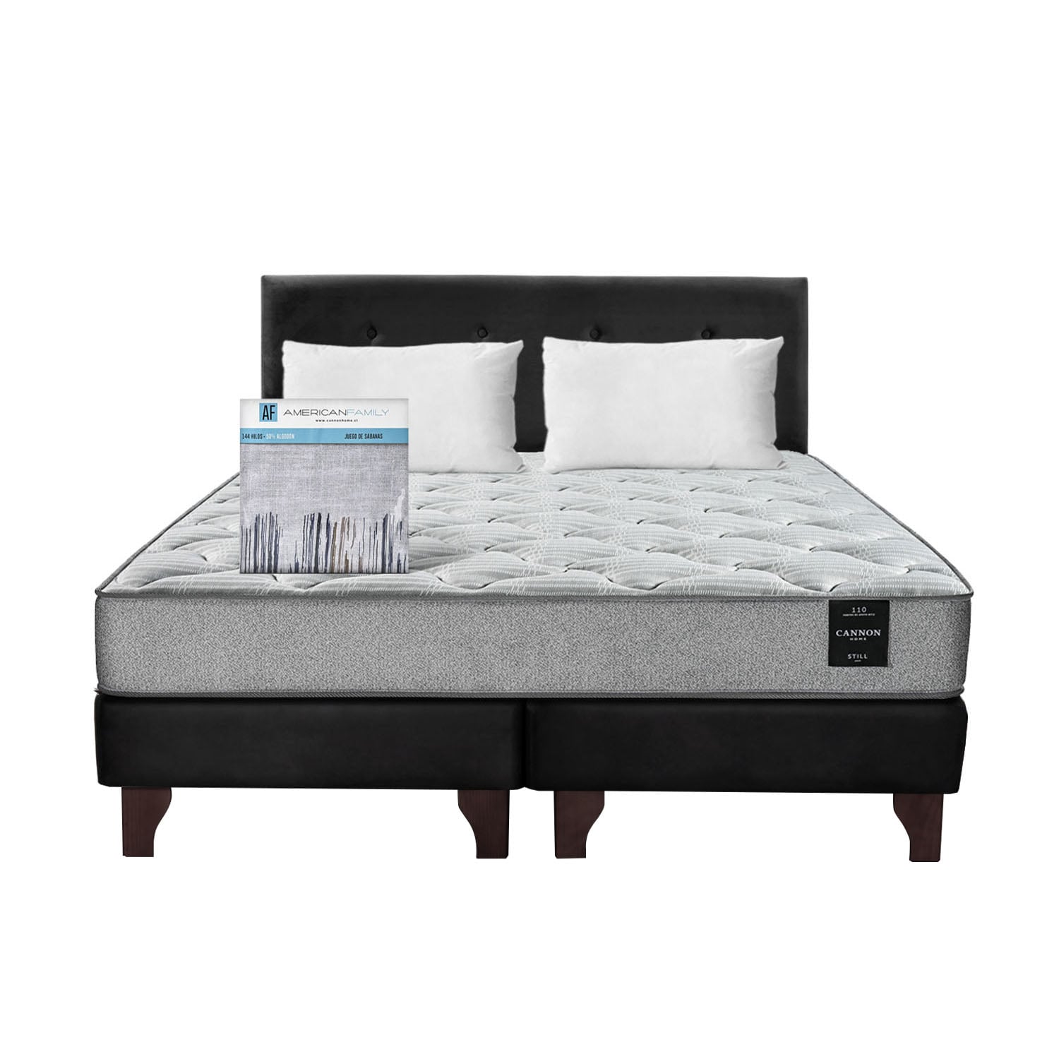 COMBO CAMA CANNON 2 PLAZAS+2 ALMOHADAS+SABANAS+RESPALDO TELA NEGRO - 4