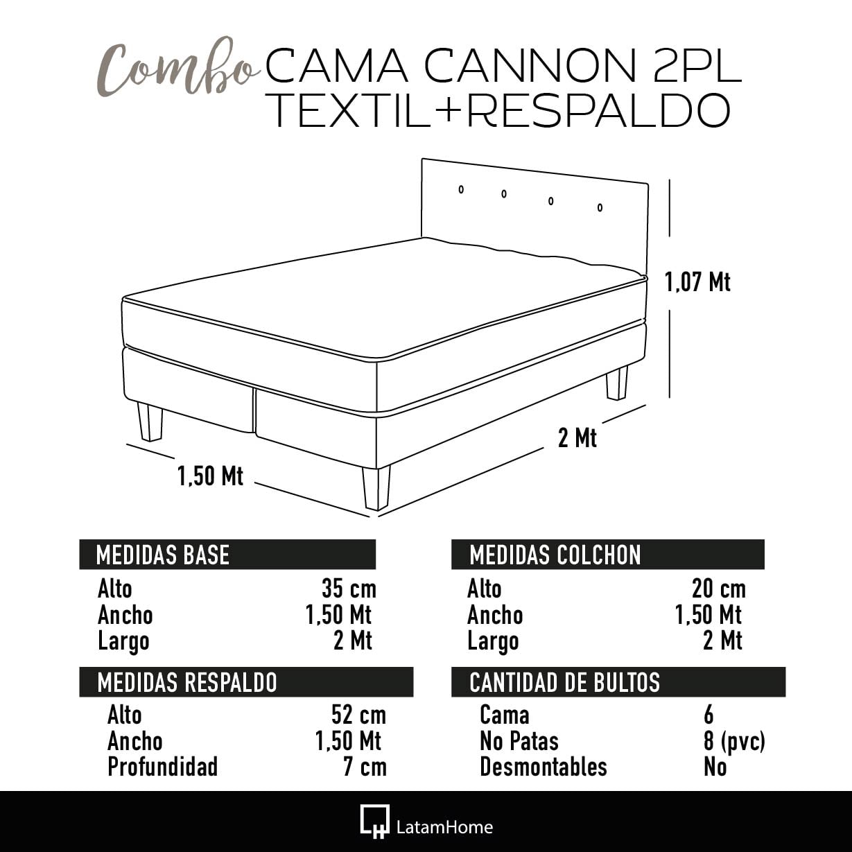 COMBO CAMA CANNON 2 PLAZAS+2 ALMOHADAS+SABANAS+RESPALDO TELA NEGRO - 5