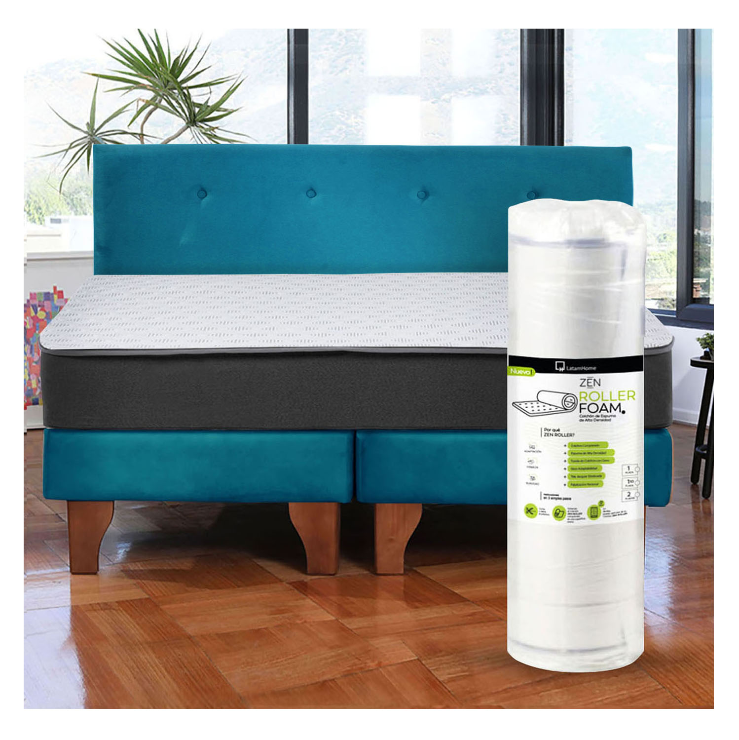 Cama Europea Zen Roller 2 Plazas Colchon Comprimido Espuma + Respaldo Tela Azul Petroleo - 1