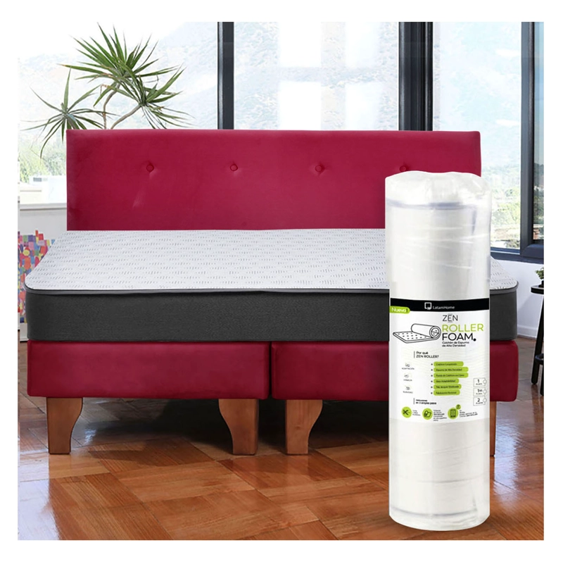 Cama Europea Zen Roller 2 Plazas Colchon Comprimido Espuma + Respaldo Tela Burdeo - 1