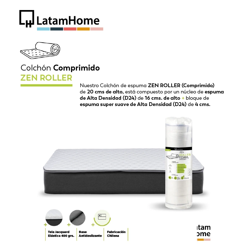 Cama Europea Zen Roller 2 Plazas Colchon Comprimido Espuma + Respaldo Tela Burdeo - 3
