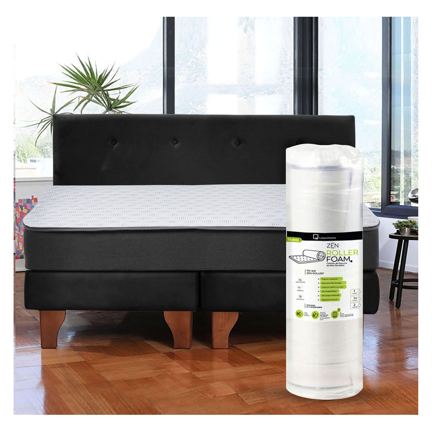 Cama Europea Zen Roller 2 Plazas Colchon Comprimido Espuma + Respaldo Tela Negro - 1