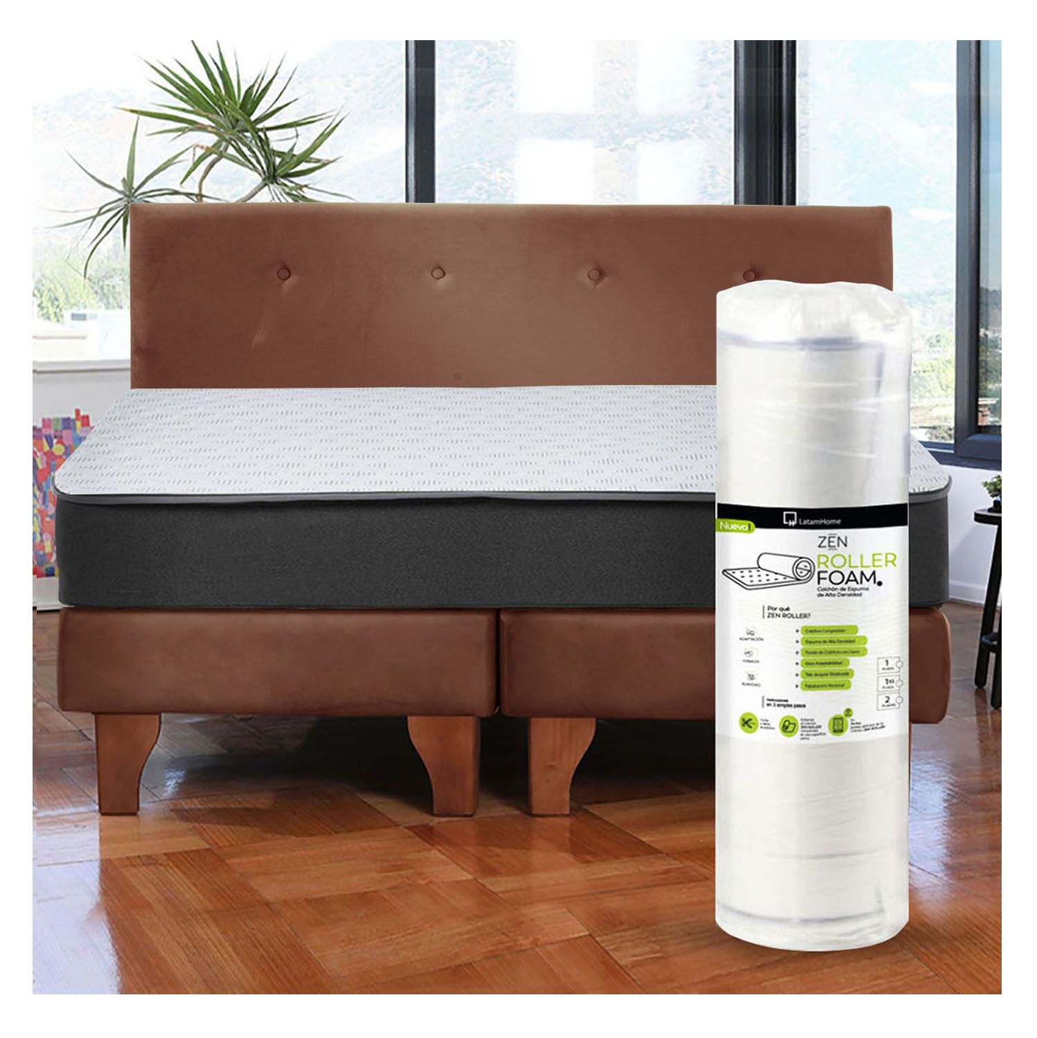 Cama Europea Zen Roller 2 Plazas Colchon Comprimido Espuma + Respaldo Tela Chocolate - 1