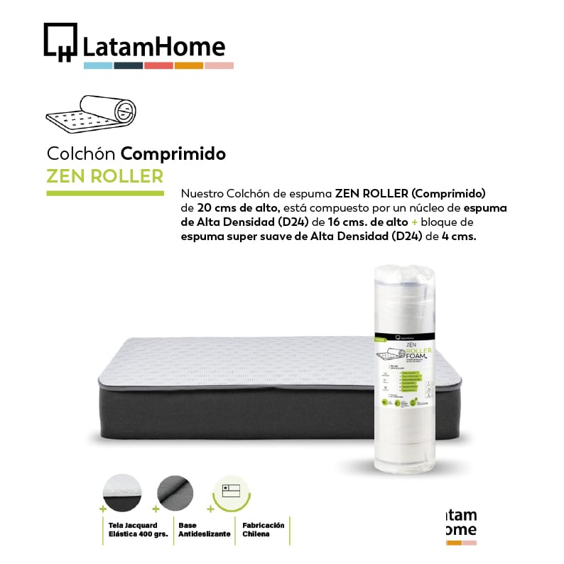 Cama Europea Zen Roller 2 Plazas Colchon Comprimido Espuma + Respaldo Tela Chocolate - 3