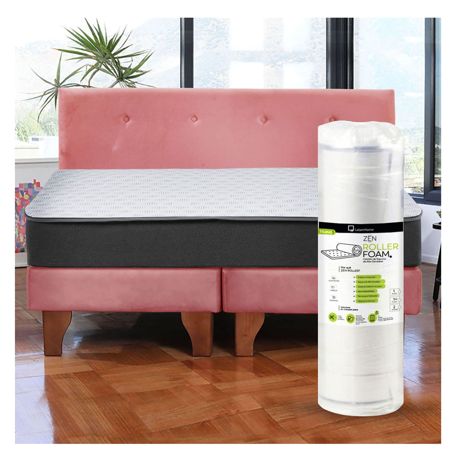 Cama Europea Zen Roller 2 Plazas Colchon Comprimido Espuma + Respaldo Tela Palo Rosa - 1
