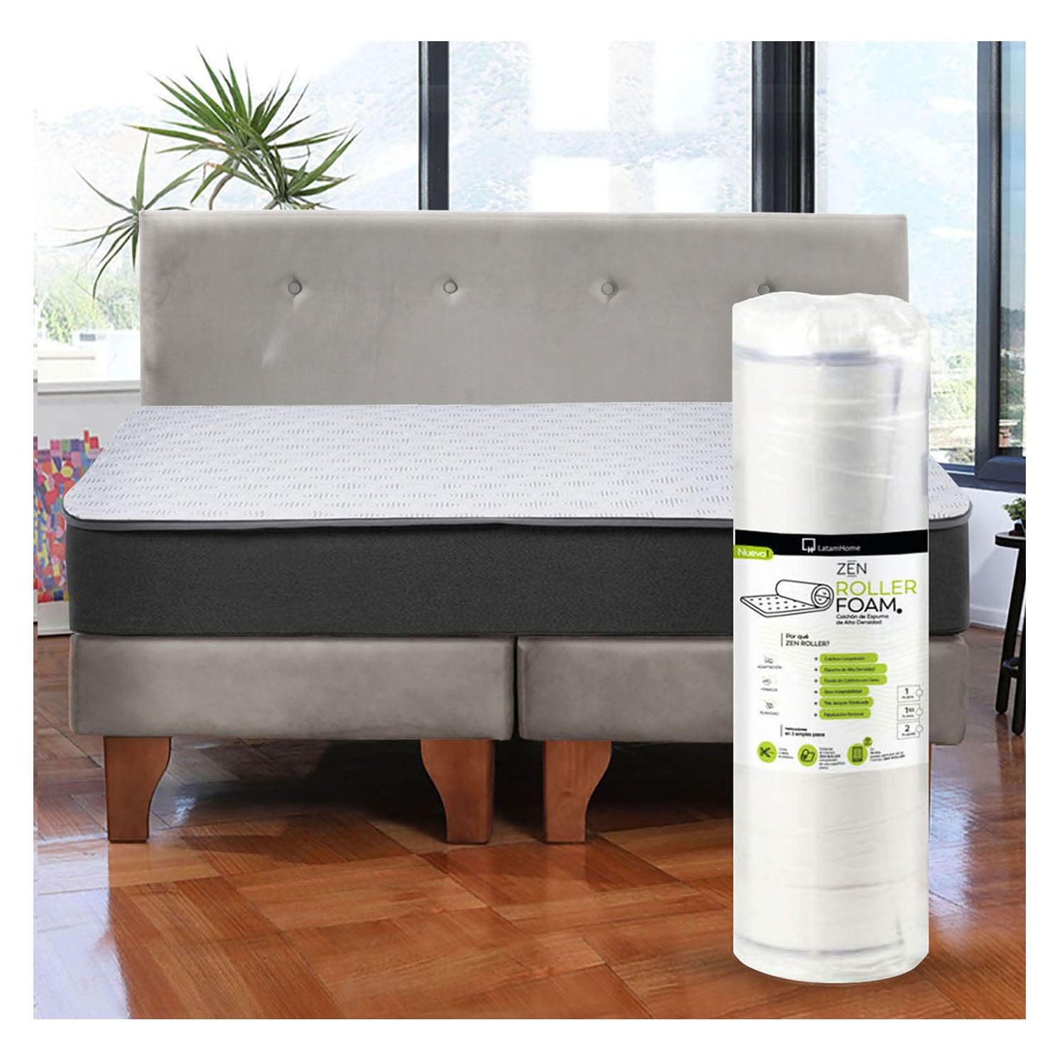 Cama Europea Zen Roller 2 Plazas Colchon Comprimido Espuma + Respaldo Tela Gris - 1