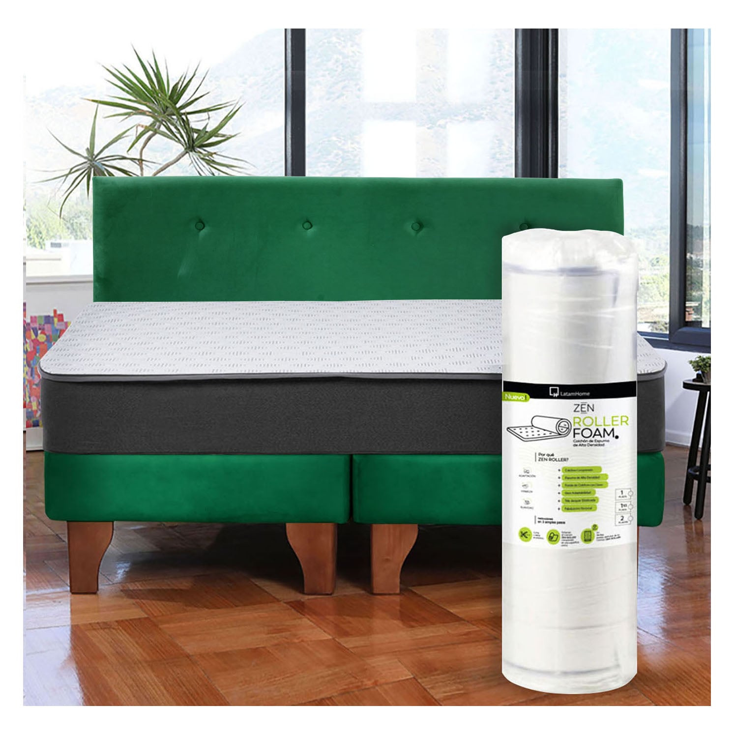 Cama Europea Zen Roller 2 Plazas Colchon Comprimido Espuma + Respaldo Tela Verde - 1