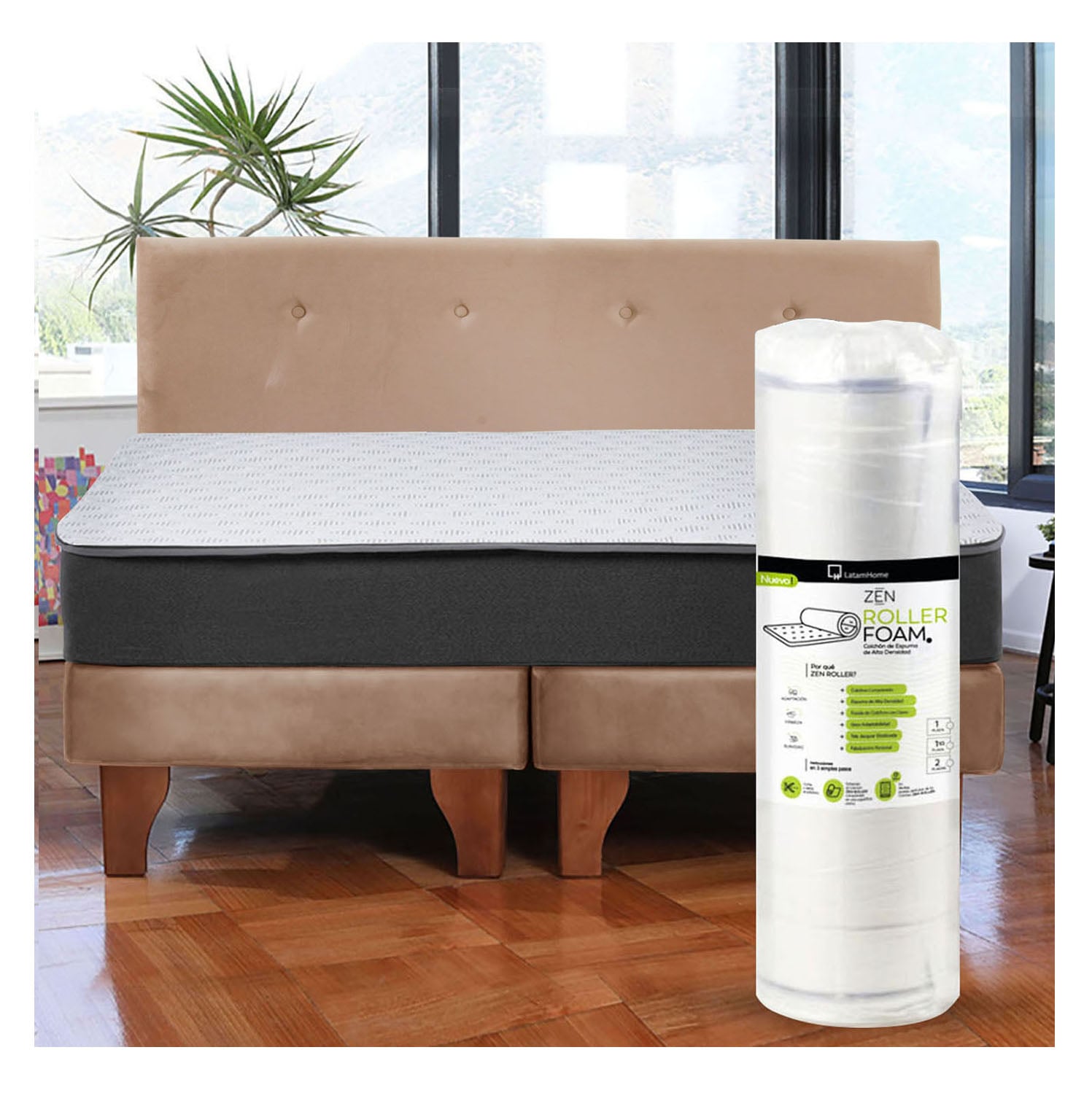 Cama Europea Zen Roller 2 Plazas Colchon Comprimido Espuma + Respaldo Tela Beige - 1