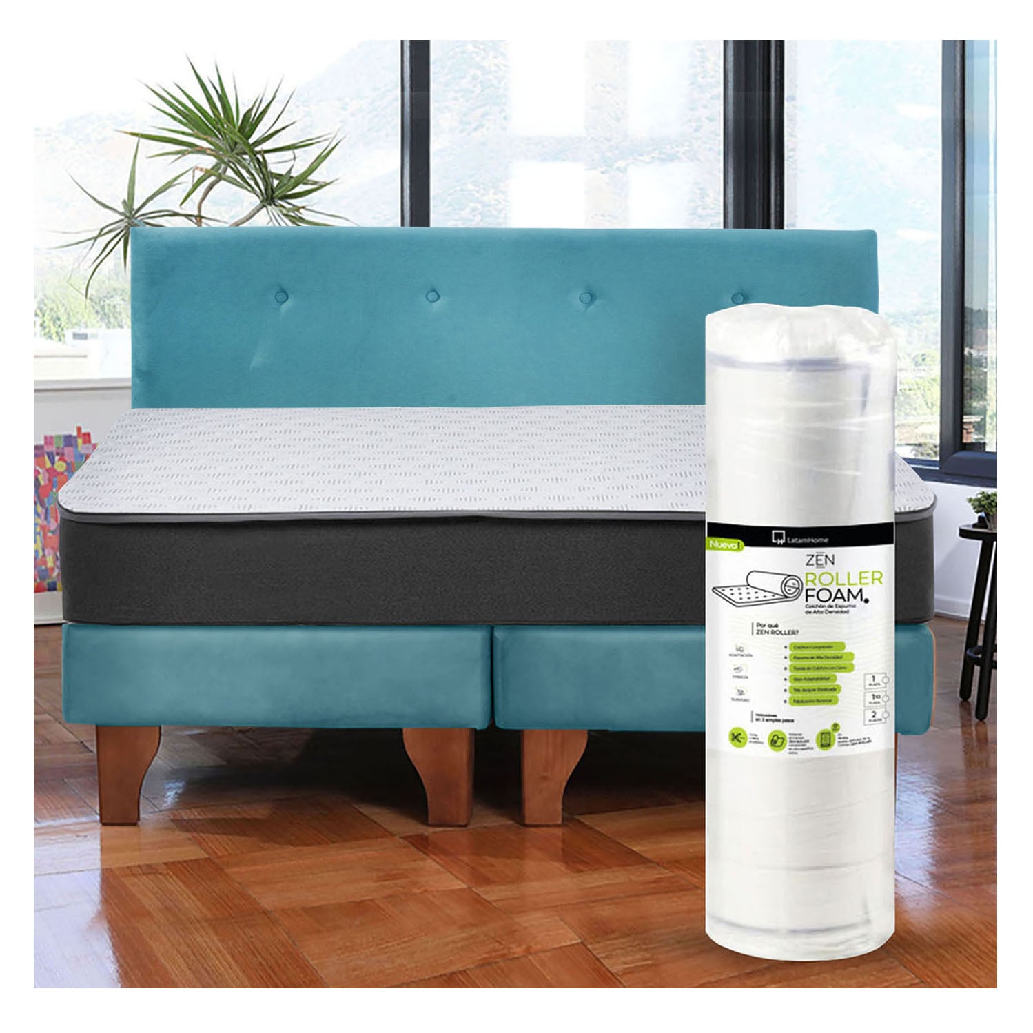 Cama Europea Zen Roller 2 Plazas Colchon Comprimido Espuma + Respaldo Tela Turquesa - 1