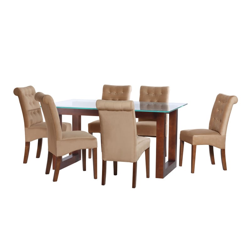 JUEGO DE COMEDOR PAMPLONA 6 SILLAS OVIEDO TELA VELVET BEIGE - 1